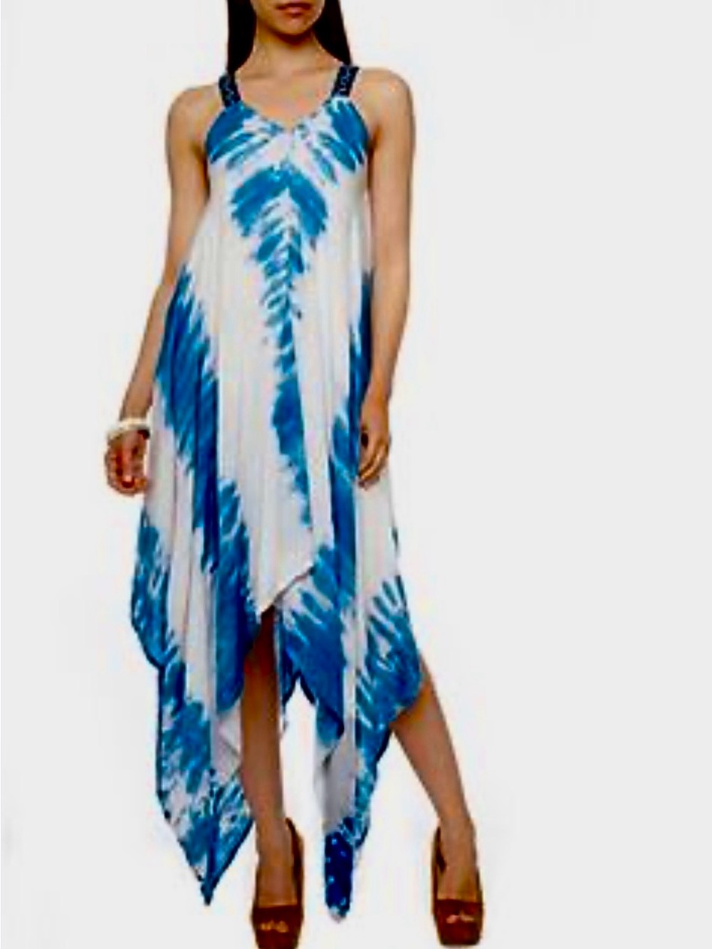 Bella Moda Blue Tie-Dye Asymmetrical Handkerchief Hem Maxi Dress